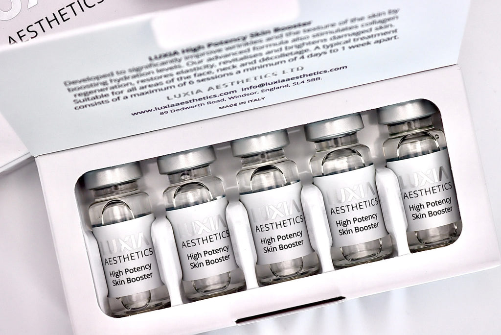 LUXIA Aesthetics High Potency Skin Booster box open showing 5 x 5ml vials