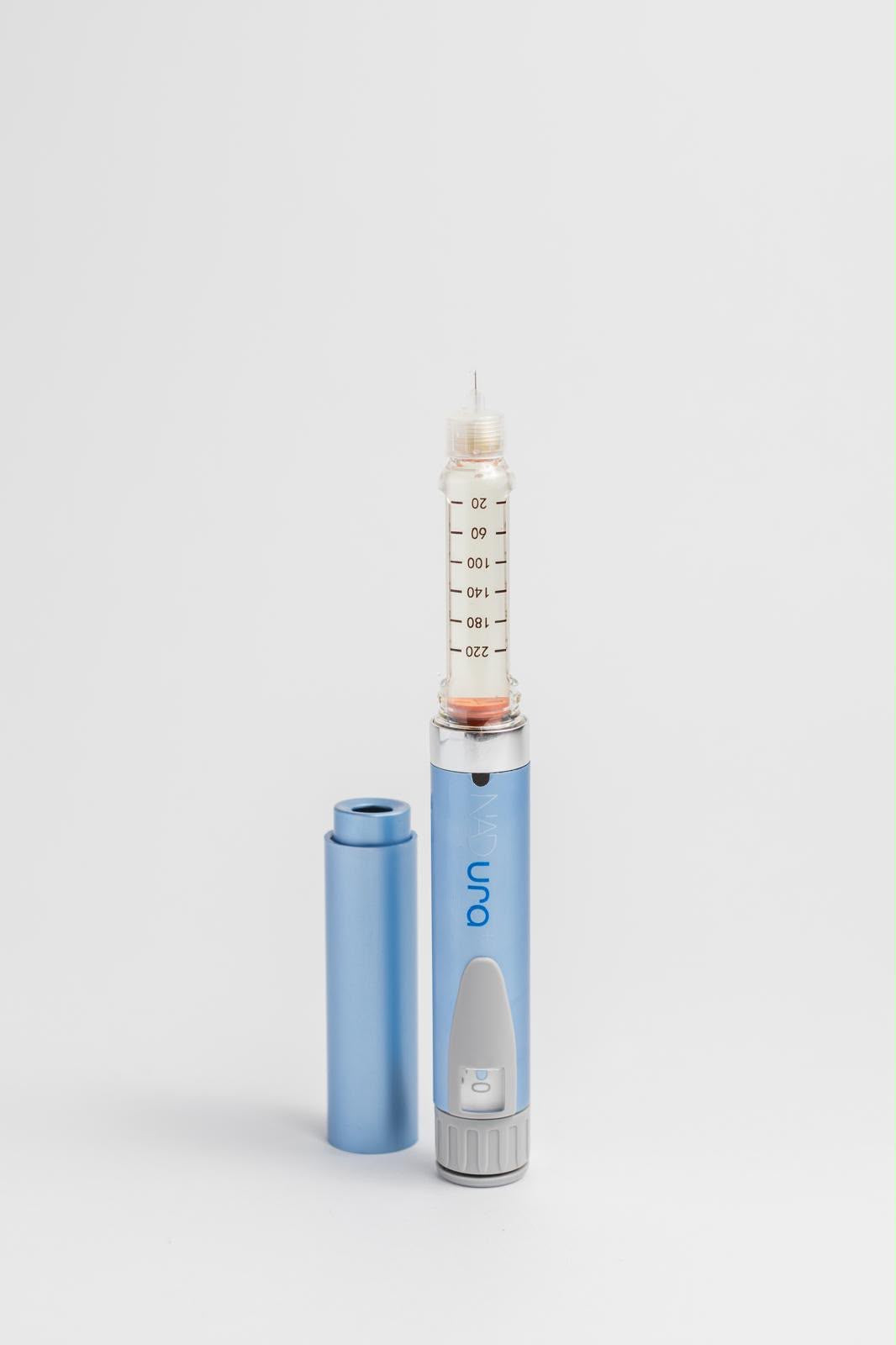NADura+ injection pen with 1000mg NAD+ cartridge loaded and needle attached