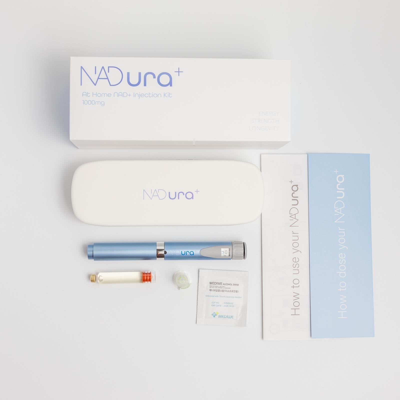 NADura+ At Home NAD+ Injection Kit 1000mg full contents: box, carry case, pen, cartridge, needle, alcohol swab and guides