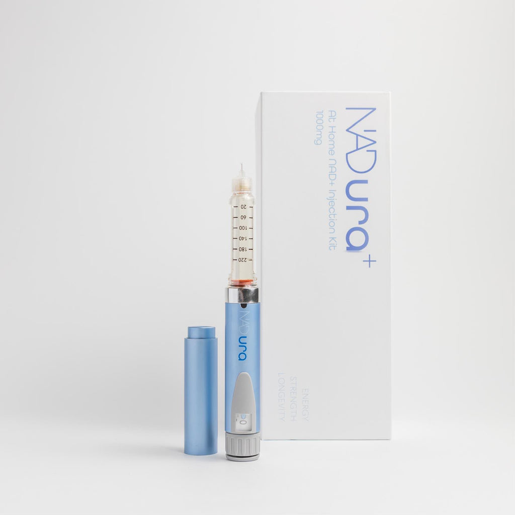 NADura+ NAD+ injection pen alongside the 1000mg starter kit box