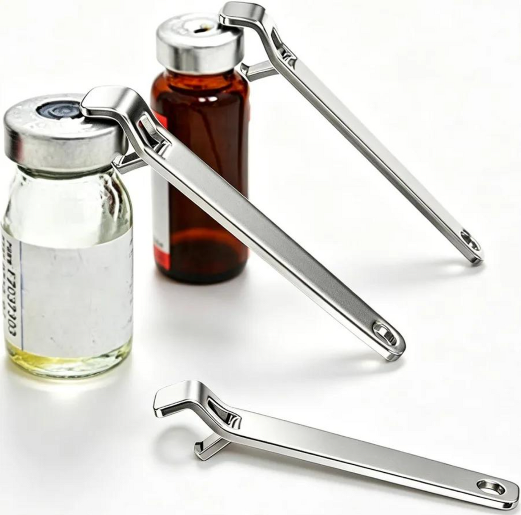 Stainless steel vial openers removing flip-off caps from clear and amber glass vials